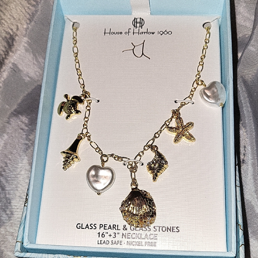 House of Harlow 1960 Ocean Themed Gold and Pearl Charm Necklace BNIB TA M